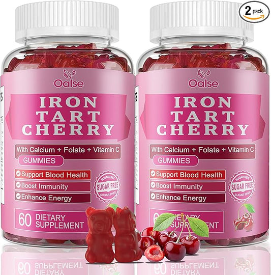 （2 Pack） OALSE Tart Cherry Iron Supplement for Women & Men, Iron Gummies with Calcium, Zinc, Folate & Vitamin C & B12 for Immune Support, (120 Count) - Sugar Free,Vegan