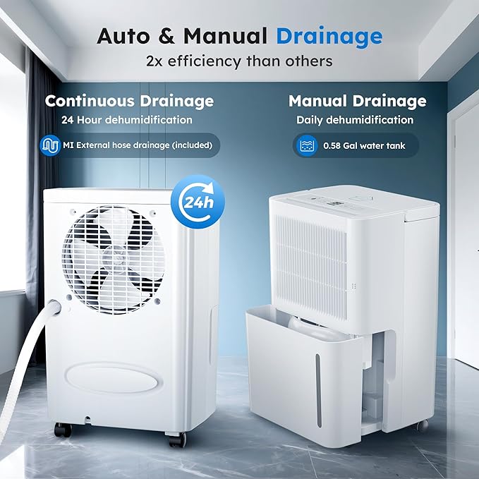 2500 Sq.Ft Dehumidifiers with Drain Hose for Home, 30 Pints Large Room Dehumidifier with Smart Humidity Control, 24H Timer, 3 Working Modes for Bathroom & Bedroom