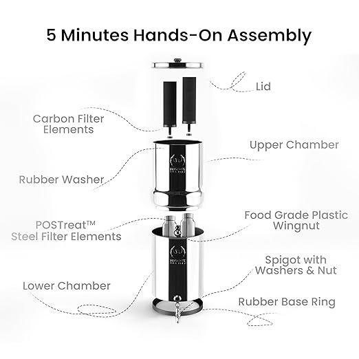 3.25 Gallons NSF Certified AISI 304 Stainless Steel Water Filter with 2 Smart Carbon (Black) Filters, 2 POSTreat Steel Fluoride Removal Elements, Free Steel Stand & Water Spigot