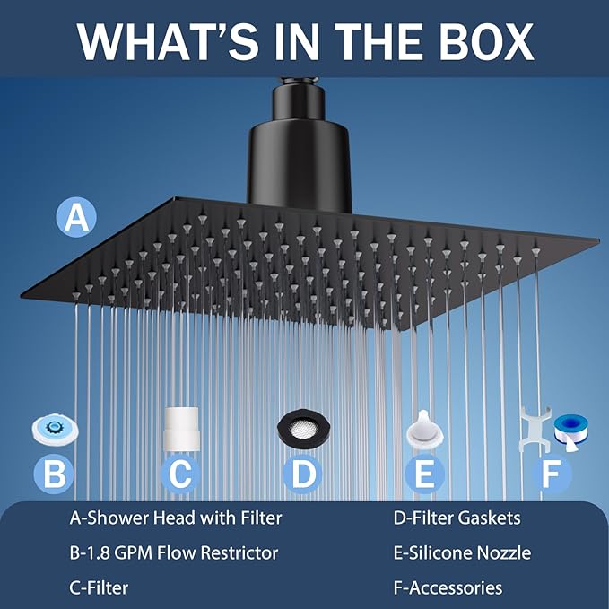 Lordear Filtered Shower Head 8 Inch Stainless Steel Square Shower Head, High Pressure Showerhead for Hard Water,Ceiling or Wall Mounted Waterfall Shower (Matte Black)