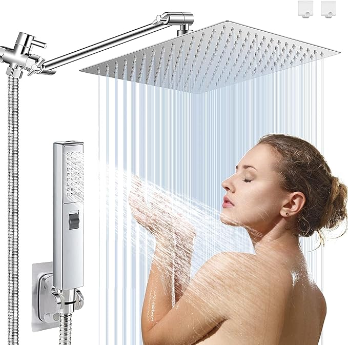 12 Inch High Pressure Square Rain Shower Head and 2-in-1 Hand Shower, Equipped with 78"Hose and 13" Shower Arm, 3 Way Diverter Valve, Shower Head Holder (AWAXFOLO Square Shower Head Set Chrome)
