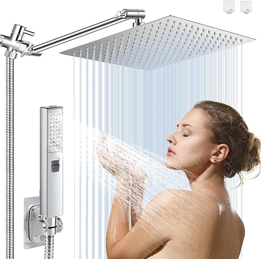 12 Inch High Pressure Square Rain Shower Head and 2-in-1 Hand Shower, Equipped with 78"Hose and 13" Shower Arm, 3 Way Diverter Valve, Shower Head Holder (AWAXFOLO Square Shower Head Set Chrome)