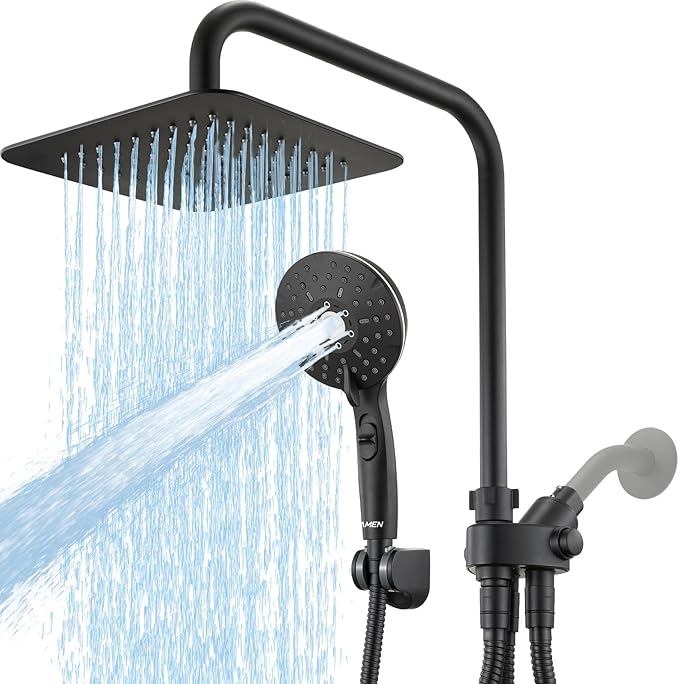 8" Dual Shower Head Combo, High Pressure Rainfall Shower Head with Handheld, 6 Spray Settings Angle Adjustable Handheld Shower Head with Pause, Height Adjustable, Matte Black