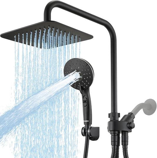 8" Dual Shower Head Combo, High Pressure Rainfall Shower Head with Handheld, 6 Spray Settings Angle Adjustable Handheld Shower Head with Pause, Height Adjustable, Matte Black