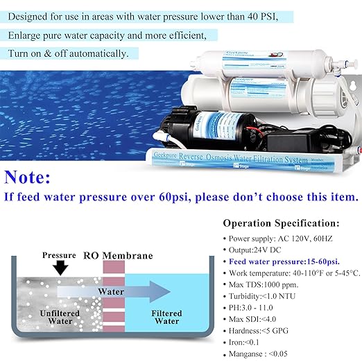 Geekpure 5 Stage Reverse Osmosis RO Drinking Water Filter System with Booster Pump Extra 4 Filters-75GPD
