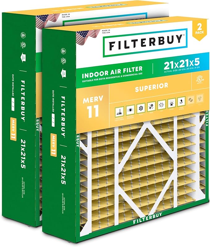 Filterbuy 21x21x5 Air Filter MERV 11 Allergen Defense (2-Pack), Pleated HVAC AC Furnace Air Filters Replacement for Rheem, Ruud, and Protech (Actual Size: 20.63 x 20.63 x 4.38 Inches)