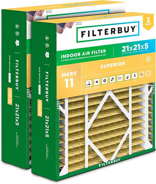 Filterbuy 21x21x5 Air Filter MERV 11 Allergen Defense (2-Pack), Pleated HVAC AC Furnace Air Filters Replacement for Rheem, Ruud, and Protech (Actual Size: 20.63 x 20.63 x 4.38 Inches)