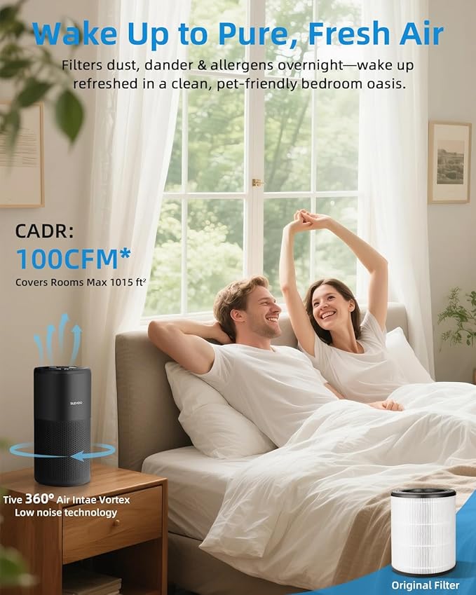 SLEVOO Air Purifier for Home Bedroom up to 1015 ft², Allergies Pet Hair, 3-in-1 Filter with hepa Air Purifier, Ultra Quiet 24 DB Sleep Mode,Aromatherapy,clean for Allergies,Pollutants,Smoke (black)