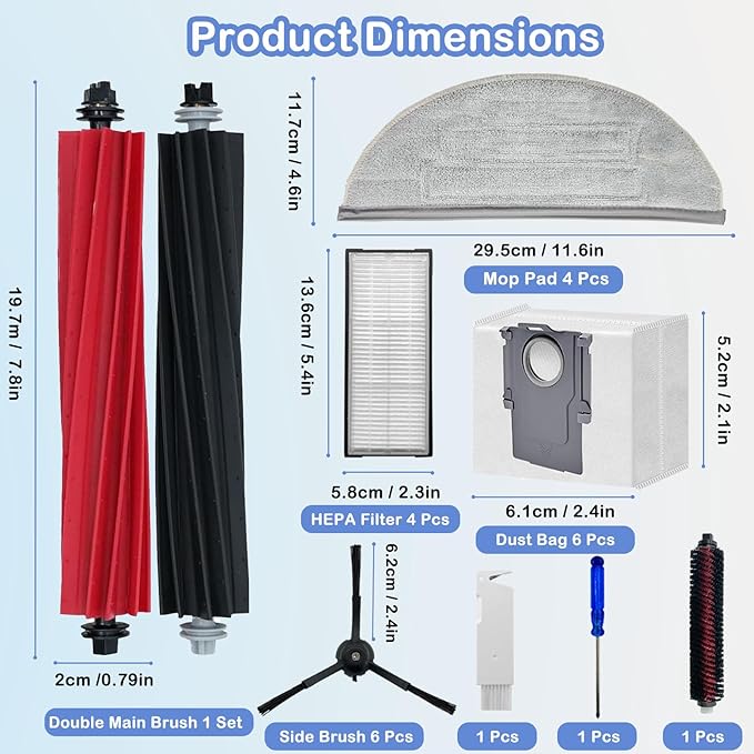 Replacement Parts Compatible with Roborock S8 Pro Ultra Robotic Vacuum Cleaners Accessories Kits, 2 Main Brush, 1 Rolling Brush, 4 HEPA Filters, 4 Side Brushes, 4 Mop Pads, 6 Dust Bags