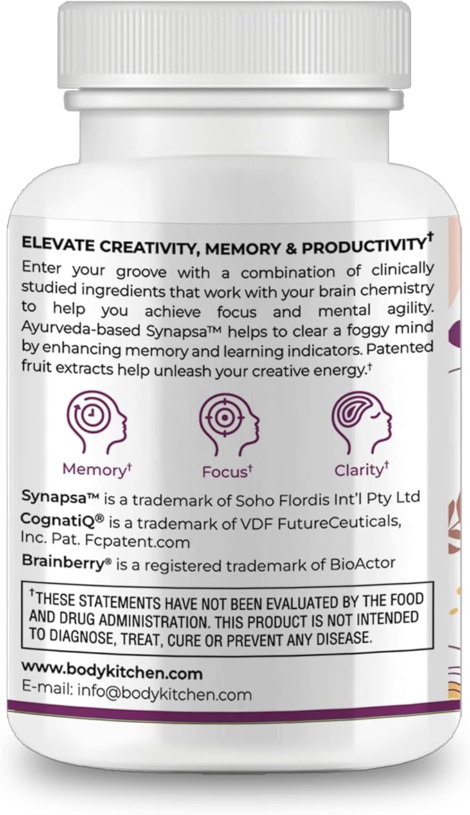 Body Kitchen Total Brain Supplement, Supports Increased Memory, Focus and Clarity with Bacopa, Coffee Fruit & Brainberry, Clinically Tested, Veggie Caps, 60 Count