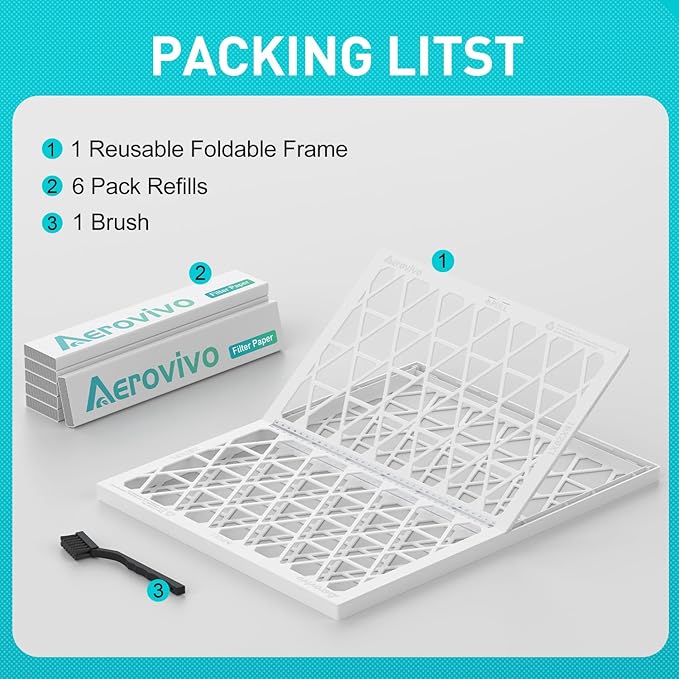 16x20x1 Refillable Air Filter Kit, MERV 11, 1 Reusable Foldable Frame ＆ 6 Refill, Fits Most AC HVAC Furnace Devices, Actual Size 15.75x19.75x0.75in