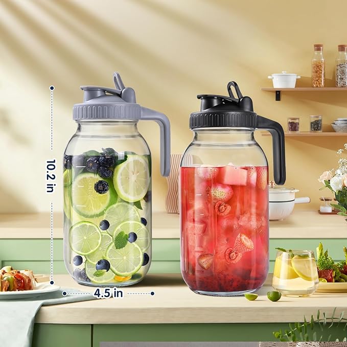 3 Packs 64OZ Glass Pitcher with Lid, Wide Mouth Mason Jar Water Jug, Leak-Proof Airtight Mason Jar for Cold Brew Coffee, Iced tea, Milk, Food Storage, Sun Tea