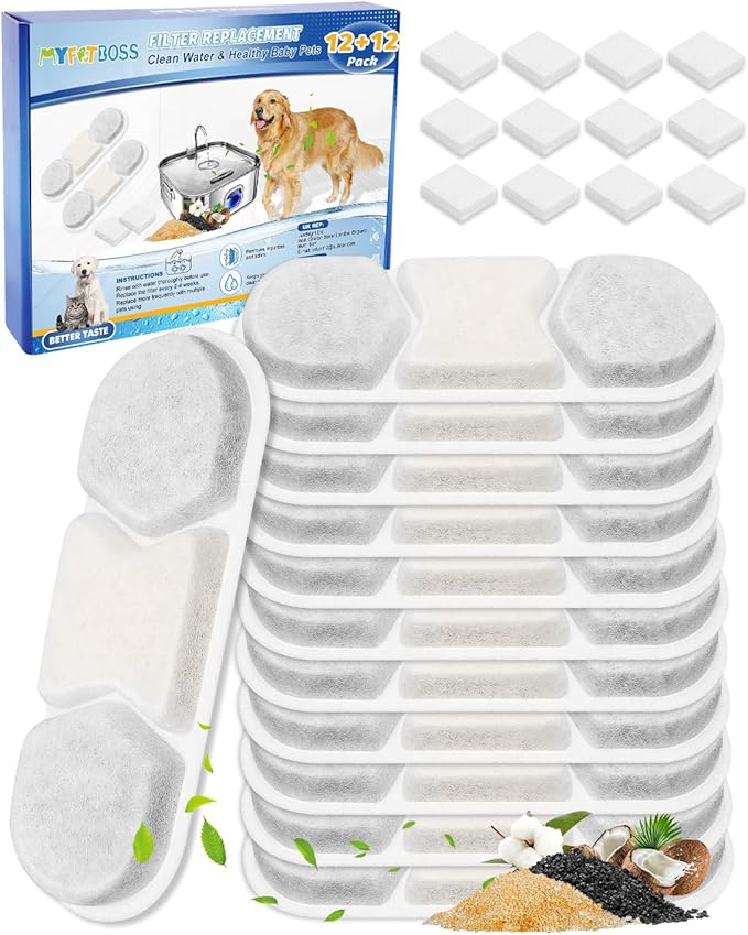 12 Pack Replacement Filter & 12 Pre- Sponges Dog Water Fountain Filters Fit for WF120 Large Dog Water Bowl Dispenser 410oz/3.2Gal/12L Automatic Pet Fountain Water Dispenser Stainless Steel