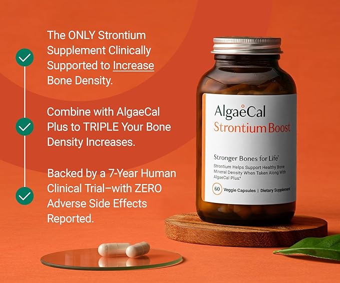 AlgaeCal - Strontium Boost, Natural Calcium Supplement for Bone Density Increase, Strontium Citrate 680 mg, Easy to Swallow for Bone Health & Bone Strength, Gluten-Free - 60 Veggie Caps- Made in USA