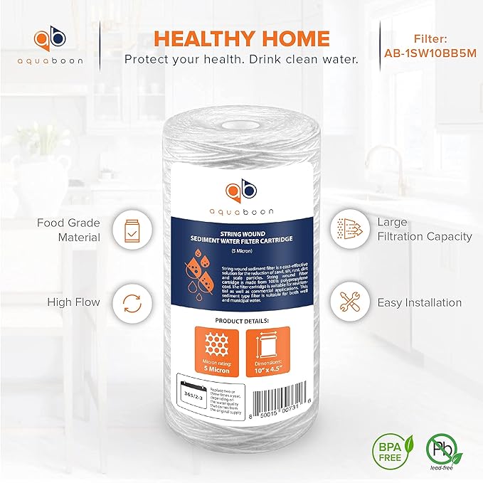 Aquaboon 5 Micron Water Filter 10 x 4.5 inch - String Wound Water Filter for Whole House System - Compatible with 84637, WPX5BB97P, PC10, 355214-45, 355215-45, WP10BB97P, WP5BB97P (2 Pack)