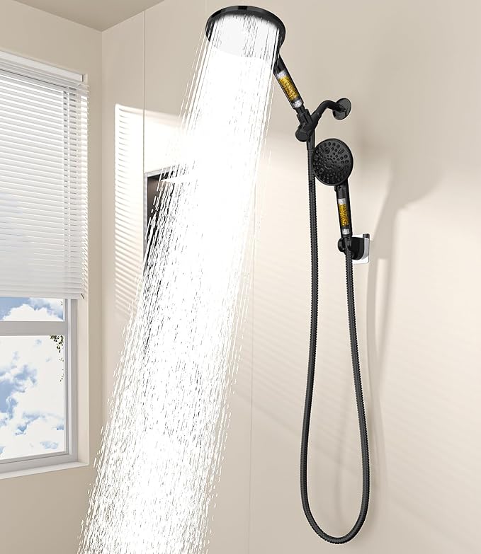 Dual Filtered Shower Heads Combo, High Pressure Rain Shower Head with Handheld Spray Built-in Power Wash, Dual Handheld Shower Head for Hard Water, Remove Chlorine for Healthier Skin-Black