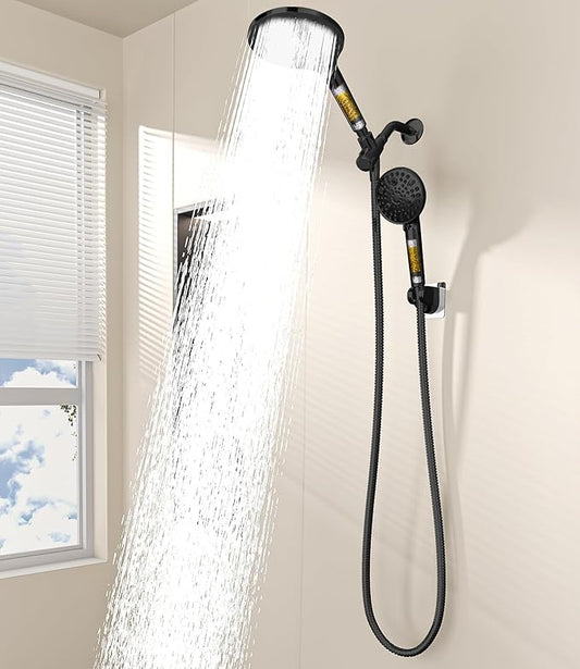 Dual Filtered Shower Heads Combo, High Pressure Rain Shower Head with Handheld Spray Built-in Power Wash, Dual Handheld Shower Head for Hard Water, Remove Chlorine for Healthier Skin-Black