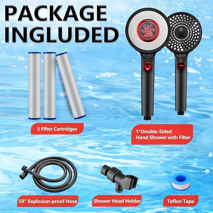 Filtered Shower Head with Handheld Spray for Skin and Hair Care, High Pressure 3 Modes Turbo Showerhead for Hard Water, 59" On Leaks Shower Hose, ON/OFF Button, Adjustable Flow, Matte Black