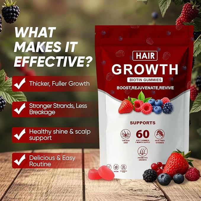 Hair Growth Gummies, Biotin, Vitamins & Plant Extracts Infused, Supports Healthy Hair Growth & Strength, Skin & Nail Care, Non-GMO, 60 Soft Chews