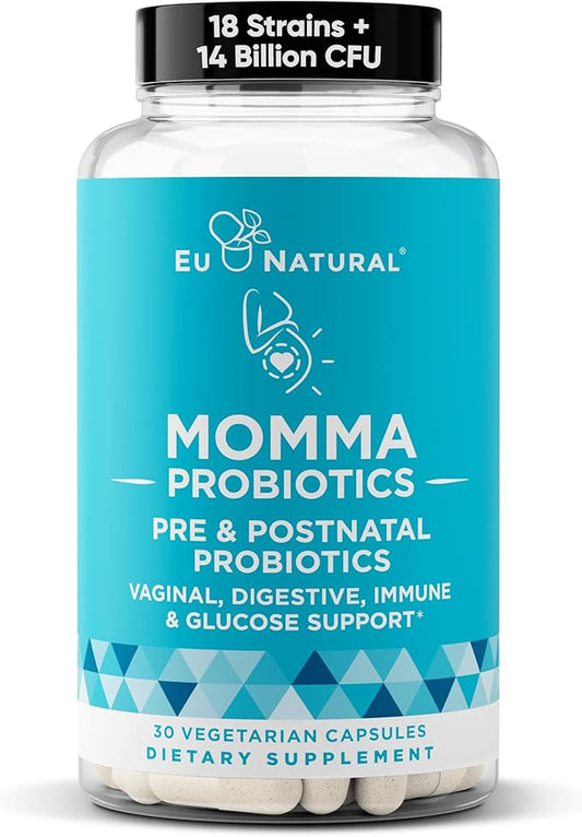 Momma Prenatal Probiotics Mom & Baby – Gut and Digestive Postpartum, Nursing, Morning Sickness Pregnancy Relief – 18 Clinically Proven Strains, 14 Billion CFU, Prebiotic – 30 Mini Vegan Capsules
