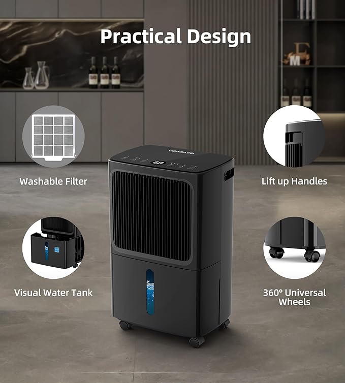 2500 Sq.Ft Dehumidifiers for Home with Drain Hose Max 34 Pints, VEAGASO Dehumidifier for Basement, Bathroom, Bedroom, Three Modes, Intelligent Humidity Control, Dry Clothes, 24HR Timer (BLACK)
