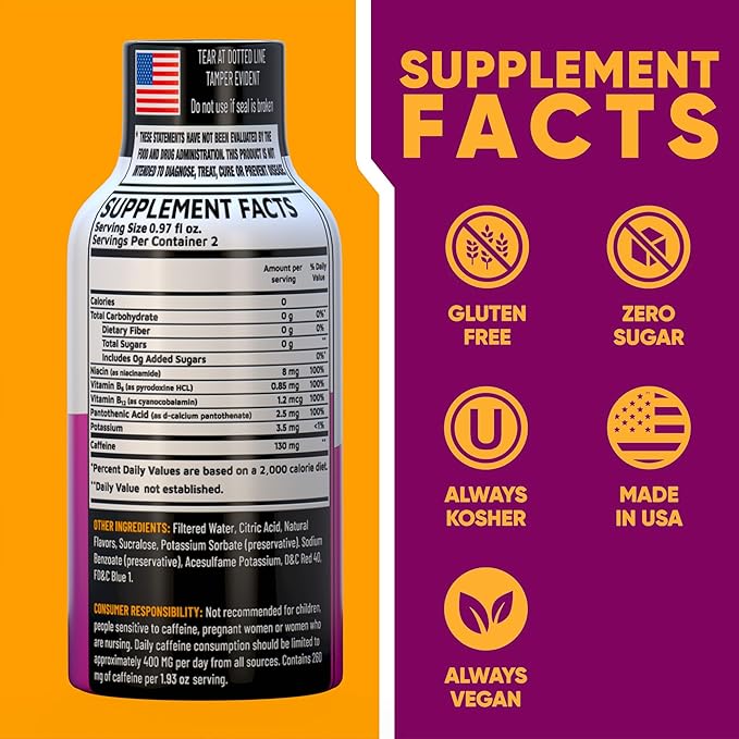Energy Shot – 2 Servings – 100% DV B-Vitamins & 130mg Plant-Based Caffeine – Zero Calories, Sugar-Free, Vegan, Non-GMO – Energy & Productivity Support (1.93 Fl Oz (Pack of 24), Grape)