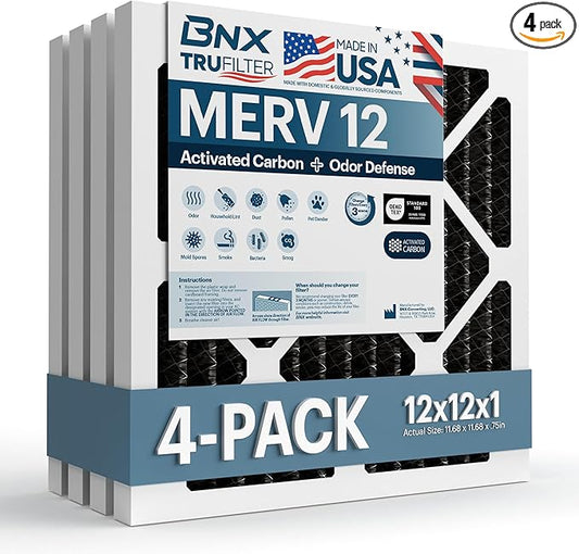 BNX TruFilter 12x12x1 MERV 12 Odor Defense (4-Pack) AC Furnace Air Filter with Activated Carbon - MADE IN USA - Pleated Air Conditioner HVAC AC Furnace Filters - Removes Odor, Mold, Bacteria, Smoke