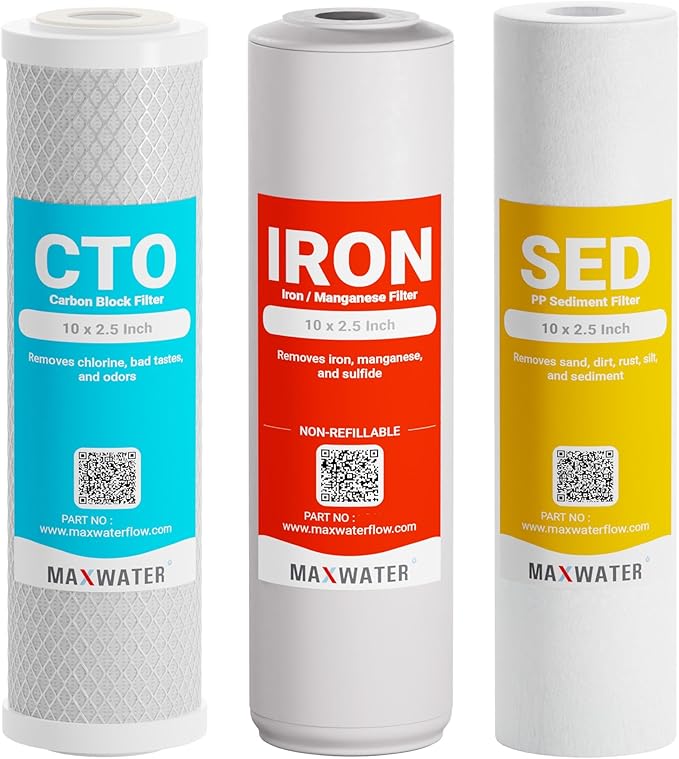 Max Water 10x2.5 Iron & Manganese Whole House Water Filter Replacement Set | 3 Stage Water Filtration System 10" Cartridge Kit | 5 Micron Sediment, Iron Manganese & CTO Carbon Filters