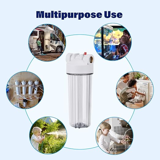 Whole House Water Filter Housing Clear,10" X 2.5" Inline Sediment Water Filter for RV, Home, Aquarium, Maple Syrup RO System, with PP Filter, 3/4 NPT Brass Port, Steel Bracket - 1025TBP
