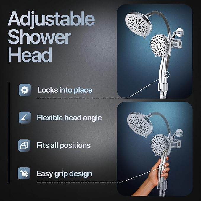 AQUAZEN® Dual Shower Head Combo | Adjustable Rainfall + Handheld Shower | 6 Spray Modes Each | Flexible Mount & Swivel Heads | 5ft Stainless Steel Hose | Premium Nickel Finish | Fits All US Showers