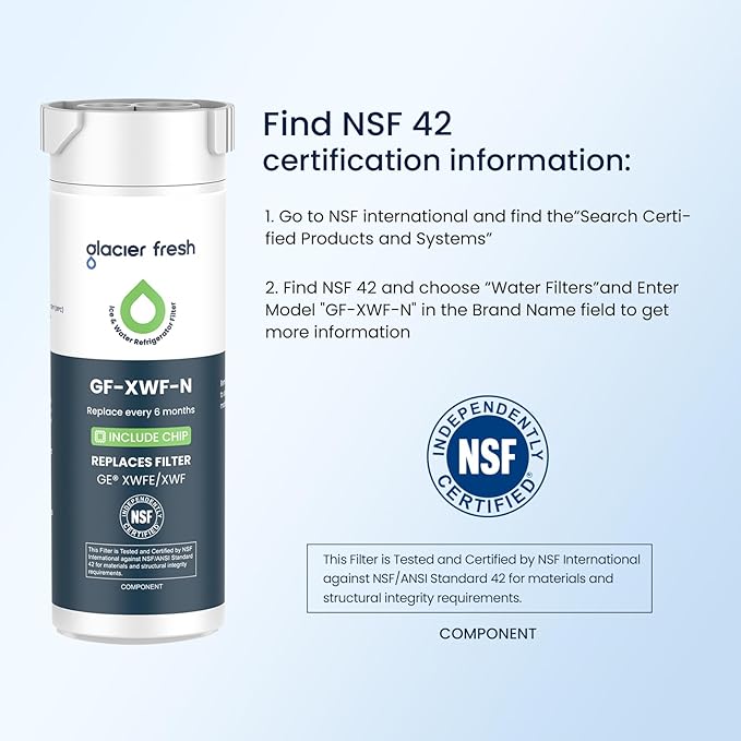 GLACIER FRESH Water Filter Compatible with XWFE (Built-in CHIP), Replacement for GE XWFE, XWF Refrigerator Water Filter NSF/ANSI 42 Certification Pack of 1