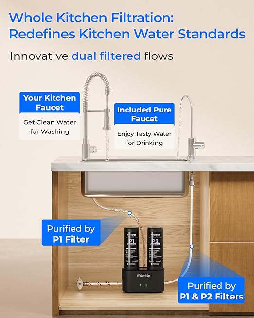 Waterdrop DLG-P Under Sink Water Filter System, 2-Outlet Filter, Reduces PFOA/PFOS Chlorine Chloramine Fluoride Odor, Under Sink Water Filtration System with Dedicated Faucet, Life Indicator