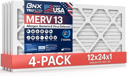 BNX TruFilter 12x24x1 Air Filter MERV 13 (4-Pack) - MADE IN USA - Electrostatic Pleated Air Conditioner HVAC AC Furnace Filters for Allergies, Pollen, Mold, Bacteria, Smoke, Allergen, MPR 1900 FPR 10