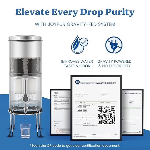 2.25G Gravity Water Filter System with New Water Level Window, 3-Stage 0.01μm Ultra-Filtration Stainless Steel Countertop System with 4 Filters Sand Stand, Reduce 99.9% Chlorine and Fluoride