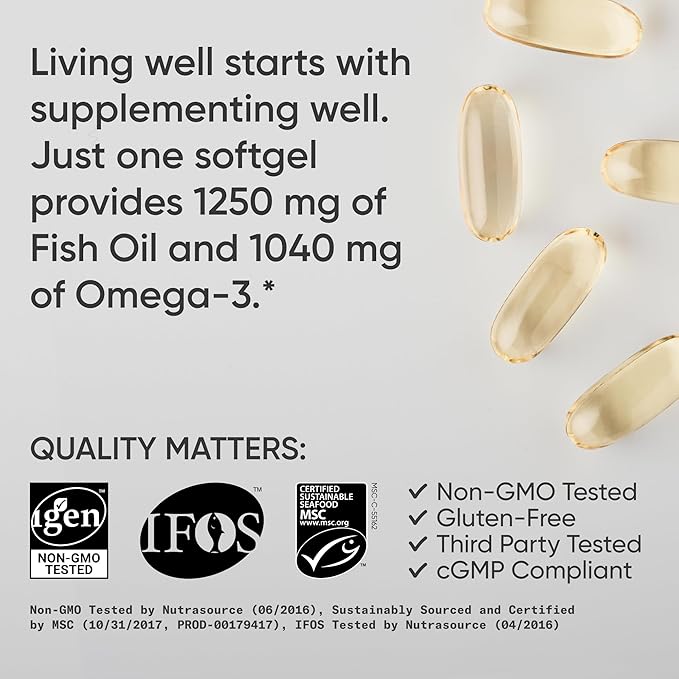 Sports Research Triple Strength Omega 3 Fish Oil - Burpless Fish Oil Supplement w/EPA & DHA Fatty Acids from Single-Source Wild Alaskan Pollock - 1250 mg, 90 ct