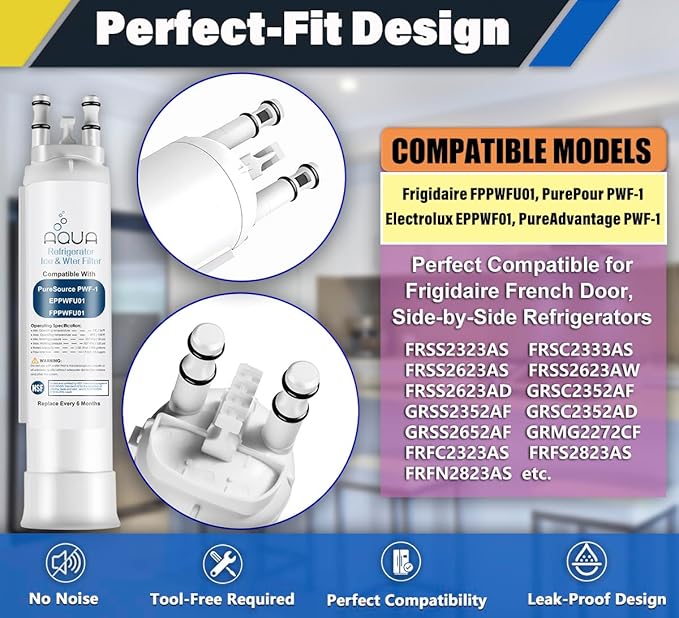 AQUA012 FPPWFU01 Water Filter Replacement Compatible with EPPWF01 PureAdvantage PWF-1 FPPWFU01 PurePour PWF-1Refrigerator Water Filter(3 Packs)