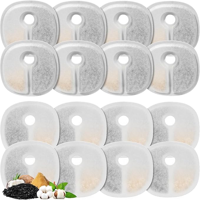 16 Pack Replacement Filters for 2L/67oz Pumpless Cat Water Fountain, BFLICROY Cat Water Fountain Filters, Multiple Filtration Pet Fountain Filter Replacement