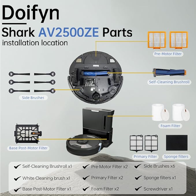 Replacement Parts Compatible with Shark AI AV2501S AV2511AE AV2501AE RV2502AE RV2610WA AV2510AOUS RV2520AOUS Robot Vacuum Cleaner, 1Main Brush, 2 motor pre-filters, 2Foam Filters, 6Side Brushes