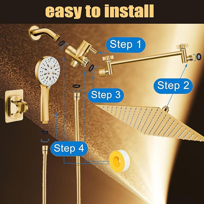 Shower Head, 10" High Pressure Rain shower head with Handheld Spray Combo, 6 Settings Handheld with 78" Anti-leak Hose, 11" Adjustable Extension Arm, Ultra Thin Water Saving, Gold, AWAXFOLO