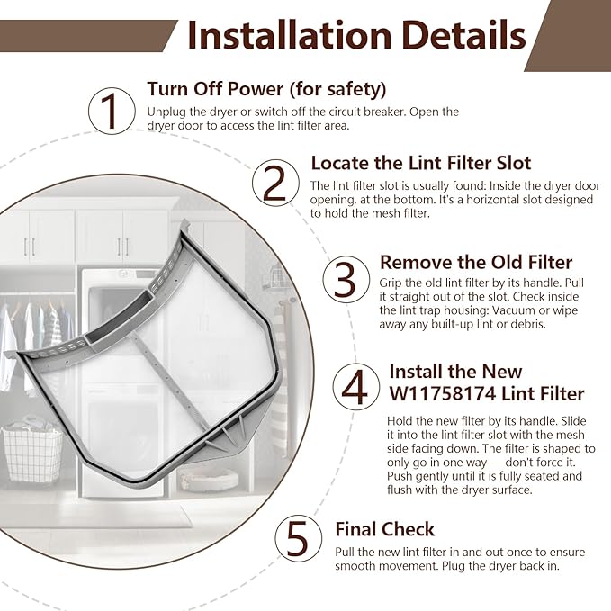 W11758174 Dryer Lint Filter Replace P5313133 Compatible with Whirlpool YIED5900HW Series Maytag MED5630HW2 Dryer
