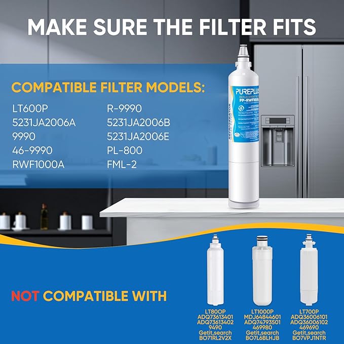 PUREPLUS 5231JA2006A 9990 Replacement for LG LT600P, kenmore 9990, 5231JA2006B, KENMORECLEAR 46-9990, R-9990, FML-2, RWF1000A, LSC27931ST, LFX25960ST Refrigerator Water Filter, 3Pack