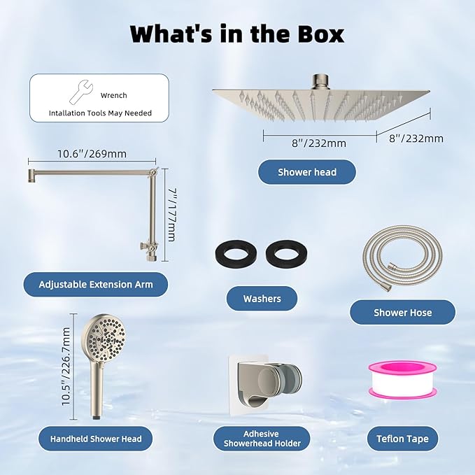 iFealClear Metal Rain Shower Head, 8” High Pressure Rainfall Shower Head with Handheld Spray, 10-Mode Handheld Powerful Wash, 16" Adjustable Extension Arm, Brushed Nickel