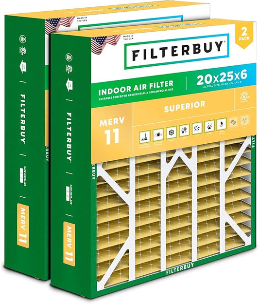 Filterbuy 20x25x6 Air Filter MERV 11 Allergen Defense (2-Pack), Pleated HVAC AC Furnace Air Filters for Aprilaire Space-Gard 201/2200 / 2250 & Lennox (Actual Size: 19.75 x 24.25 x 6.00 Inches)