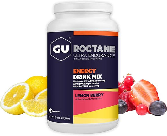 GU Energy Roctane Ultra Endurance Energy Drink Mix, Vegan, Gluten-Free, Kosher,Caffeine-Free, and Dairy-Free n-the-Go Energy for Any Workout, 3.44-Pound Jar, Lemon Berry