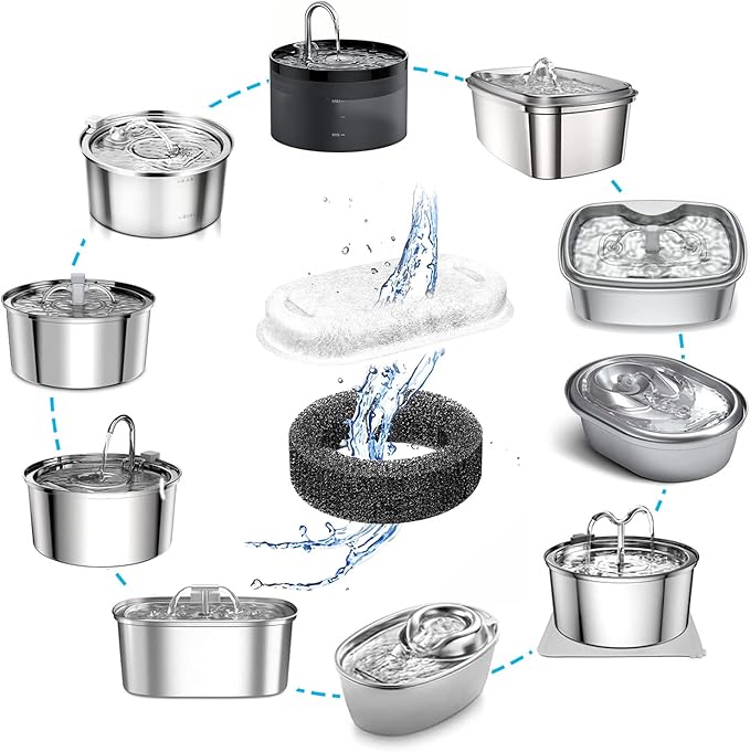 16 Pack Filters+16 Sponges for Dog Fountains Compatible with GIOTOHU 67oz/2L Cat Water Fountain Filter Stainless Steel Compatible with Tomxcute 3.2L/108oz