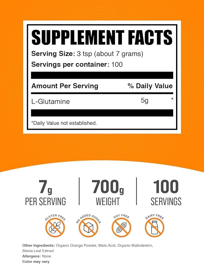 BulkSupplements.com L-Glutamine Powder - Glutamine Supplement, Amino Acid Supplement - Orange Smash Flavor, 7g per Serving, 700g (1.5 lbs) (Pack of 1)