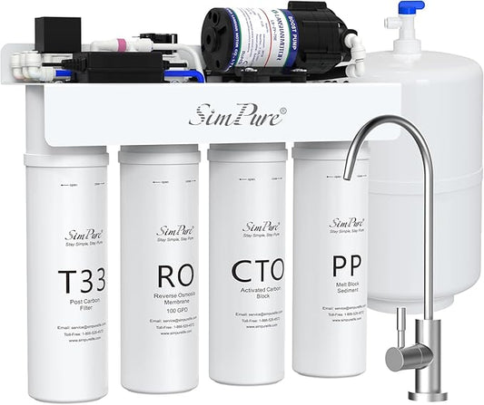 SimPure T1-100 Reverse Osmosis Water Filter, Near 0 TDS Reverse Osmosis System 7 Stage, NSF/ANSI 58 Certified, Under Sink RO Water Filtration System 100 GPD with Tank, Build in Pump, BPA Free