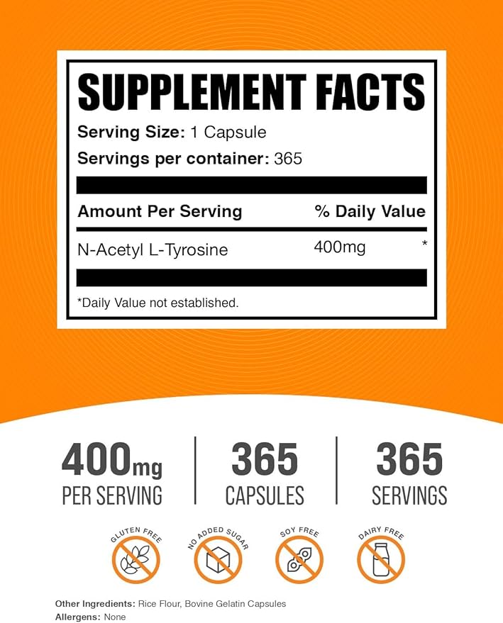 BulkSupplements.com N-Acetyl L-Tyrosine Capsules - Tyrosine Supplement, NALT Capsules, Amino Acid Supplement - Gluten Free, 1 Capsule per Serving, 365 Count (Pack of 1)