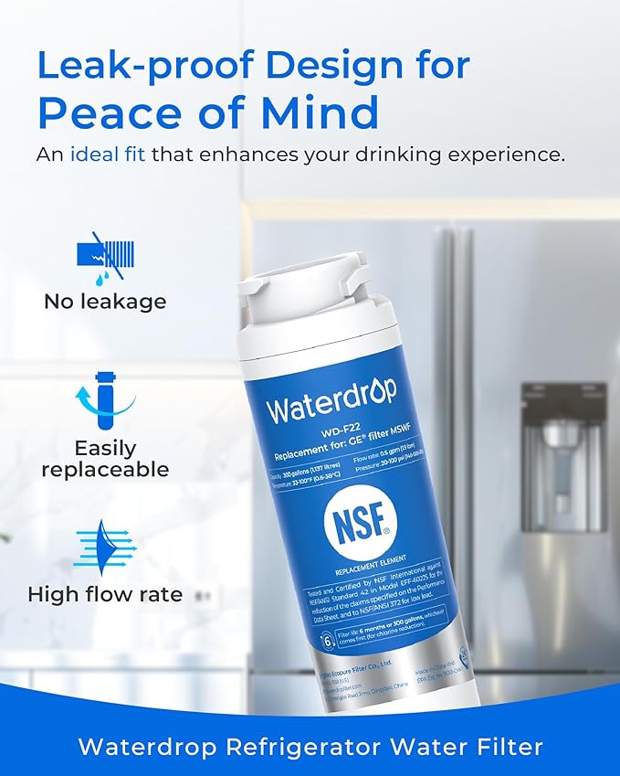 Waterdrop MSWF Refrigerator Water Filter, Replacement for GE® MSWF, 101820A, 101821B, RWF1500A, NSF 42&372 Certified, Pack of 2 (Package May Vary)