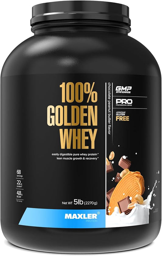 Maxler 100% Golden Whey Protein - 22g Protein per Serving - Premium Whey Protein Powder for Pre Post Workout - Fast-Absorbing Whey Concentrate Isolate Hydrolysate Blend - Chocolate Peanut Butter 5 lb